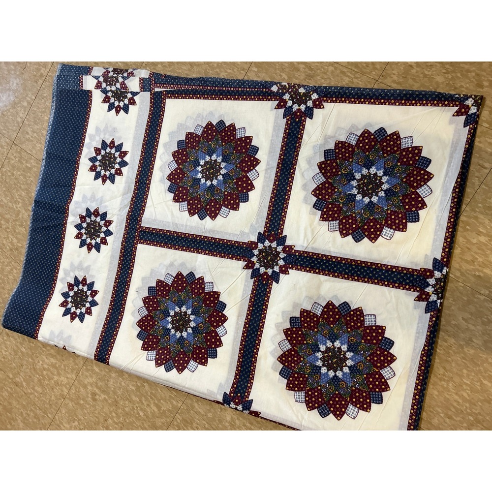 Vintage Printed Patchwork Dahlia Starburst Fabric Navy Blue Burgundy Cream